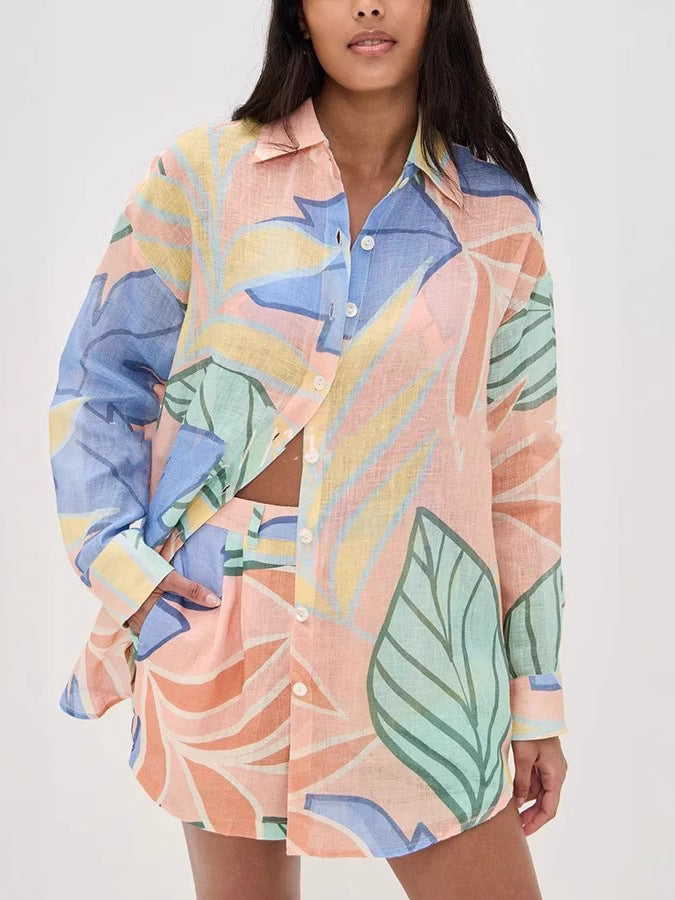 Women Casual Printed Long Sleeve Shirt and Shorts Two-piece Set 4