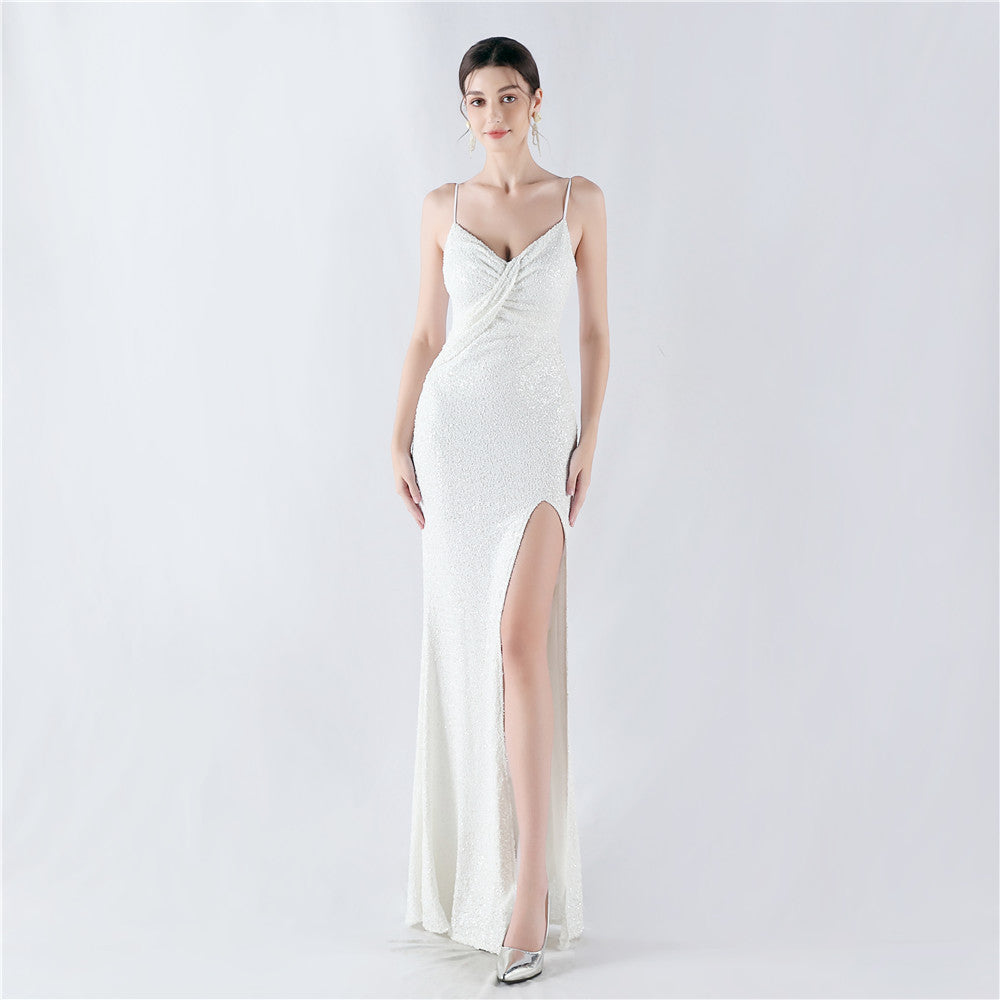 Women sequined sexy split sling evening dress 18