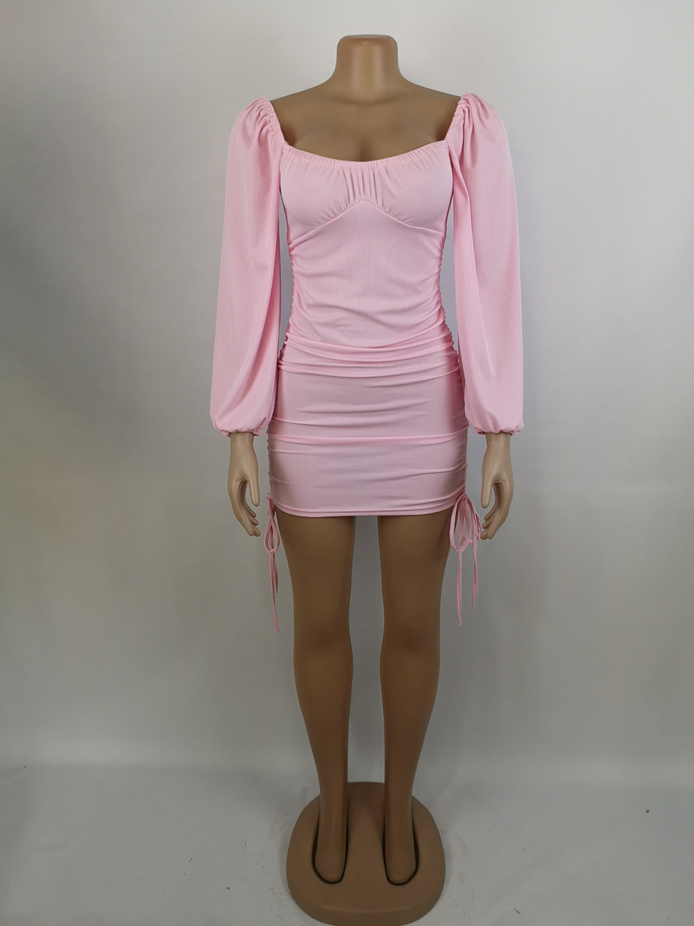 Women Sexy Drawstring Pleated Bodycon Long Sleeve Dress 31