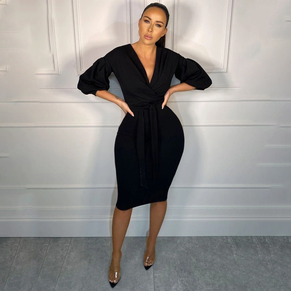 Women Sexy Elegant Lantern Sleeve Solid V Neck Off Shoulder Half Dress 4