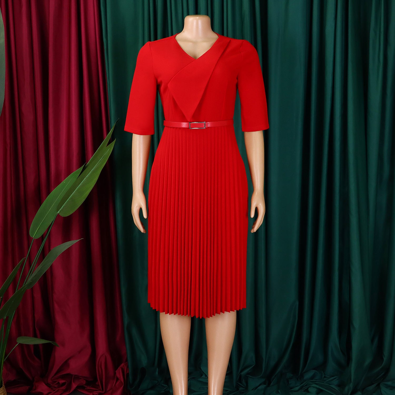 Women's Summer Fashion V-Neck Solid Color Plus Size Pleated African Dress 11