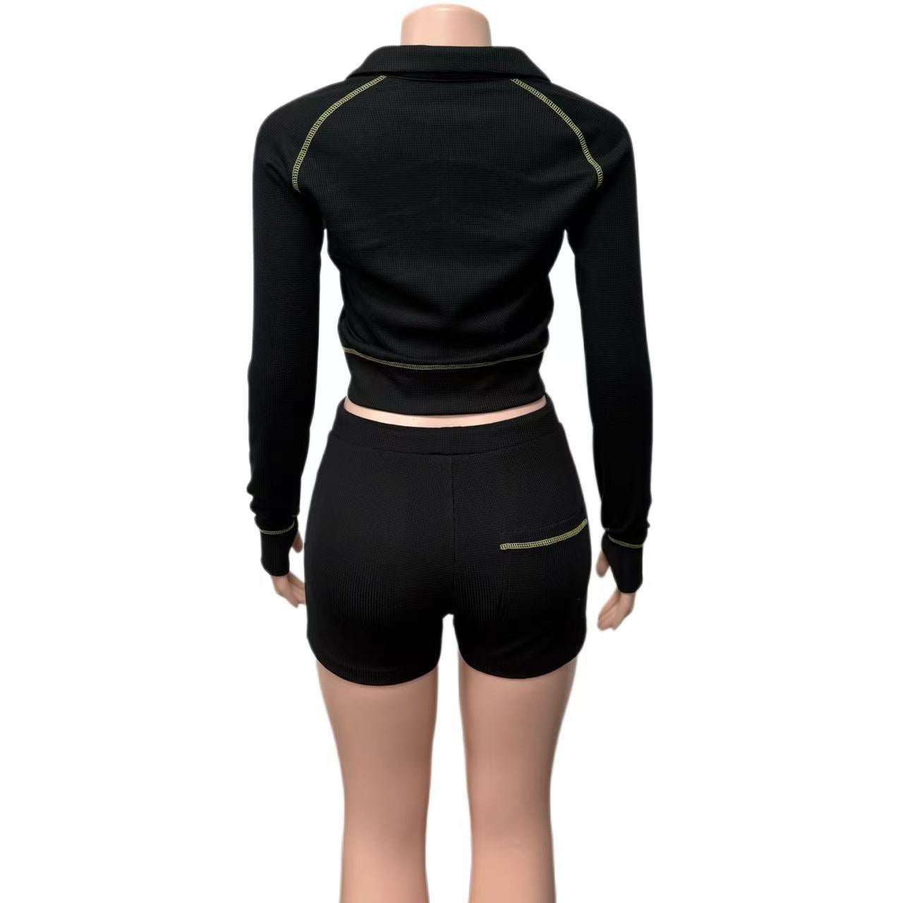 Women Waffle Color-Contrast Patchwork Top and Drawstring Shorts Two-Piece Set 8