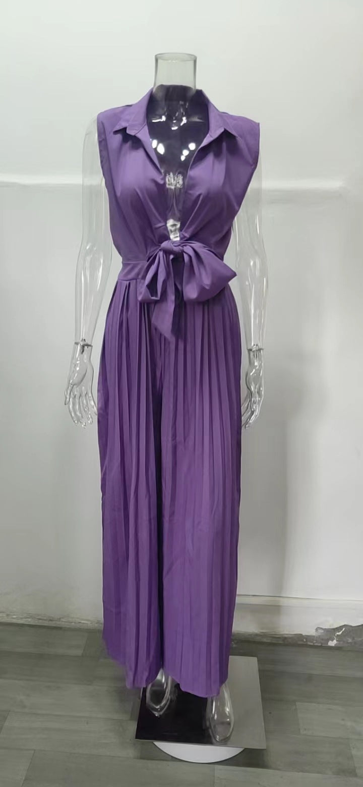 Women'S Fall Fashion V-Neck Sleeveless Turndown Collar Loose Wide Leg Jumpsuit 18