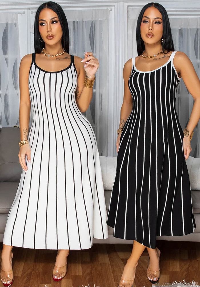 Women retro stripe patchwork contrast backless sleeveless dress