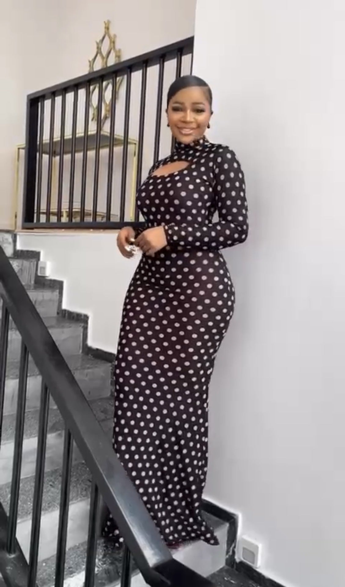 Women printed half-high collar hollow sexy long-sleeved polka dot dress 4