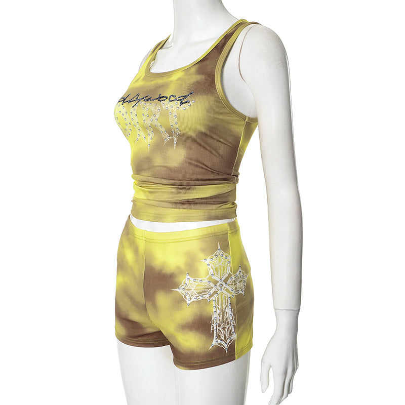 Women’s Spring Summer Round Neck Tie Dye Printed Beaded Sleeveless Two Piece Shorts Set 6