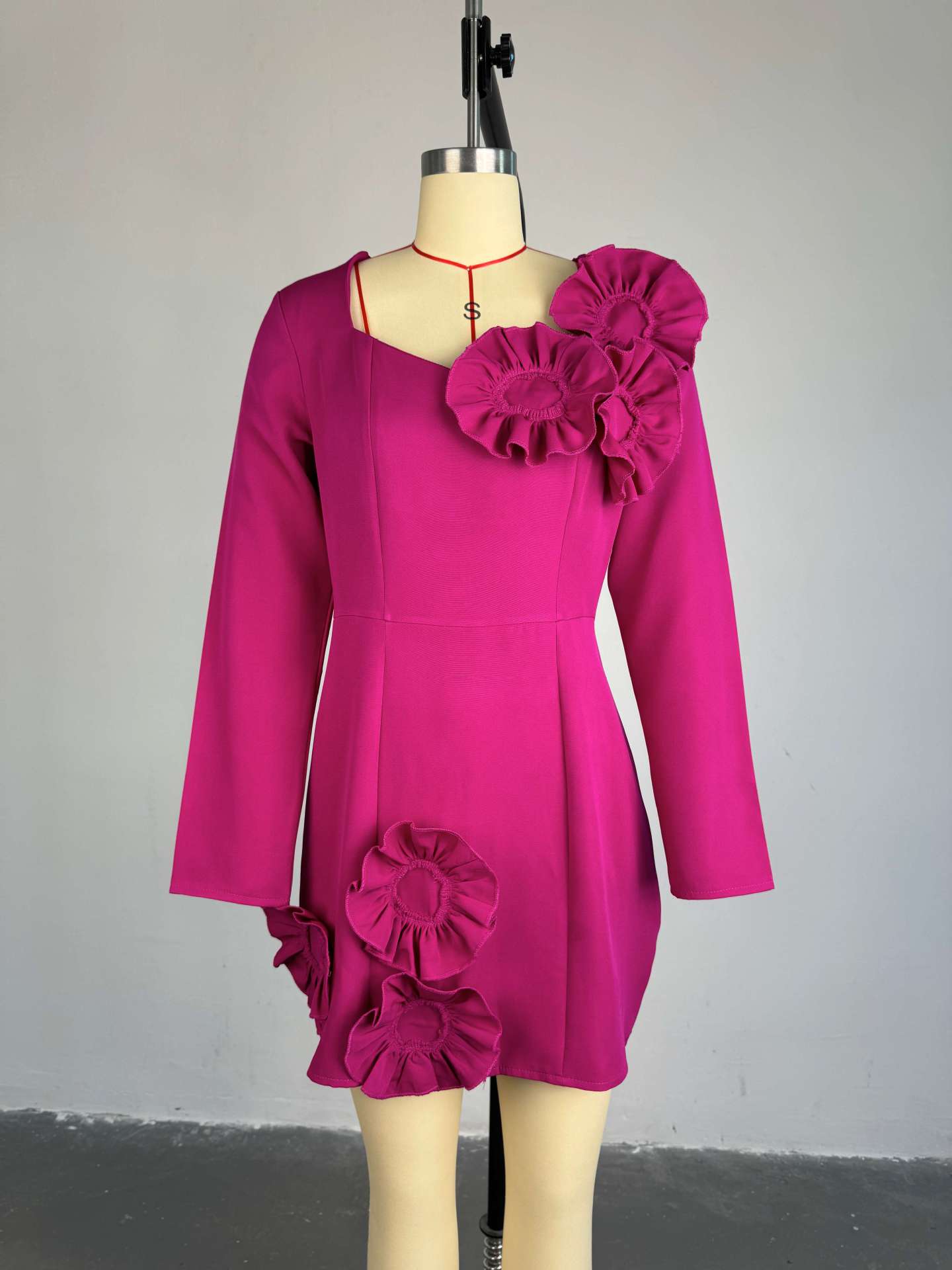 Women Autumn Elegant Square Neck Large Flower Long Sleeve Dress 3