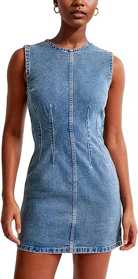 Women Fashion Summer Round Neck Sleeveless Bodycon Denim Dress