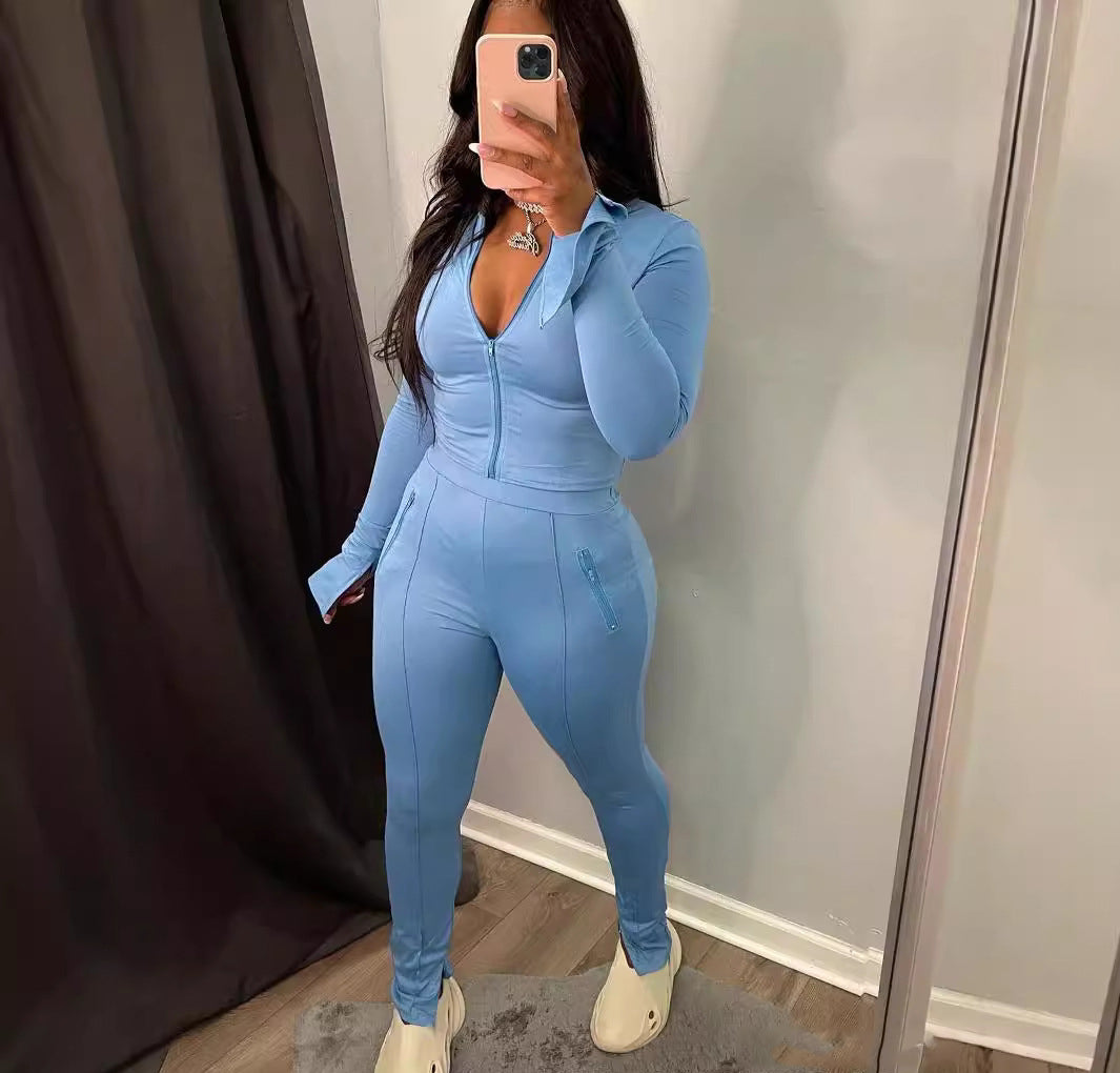 Women Solid Long Sleeve Top and Long Pants Two Piece Set 3