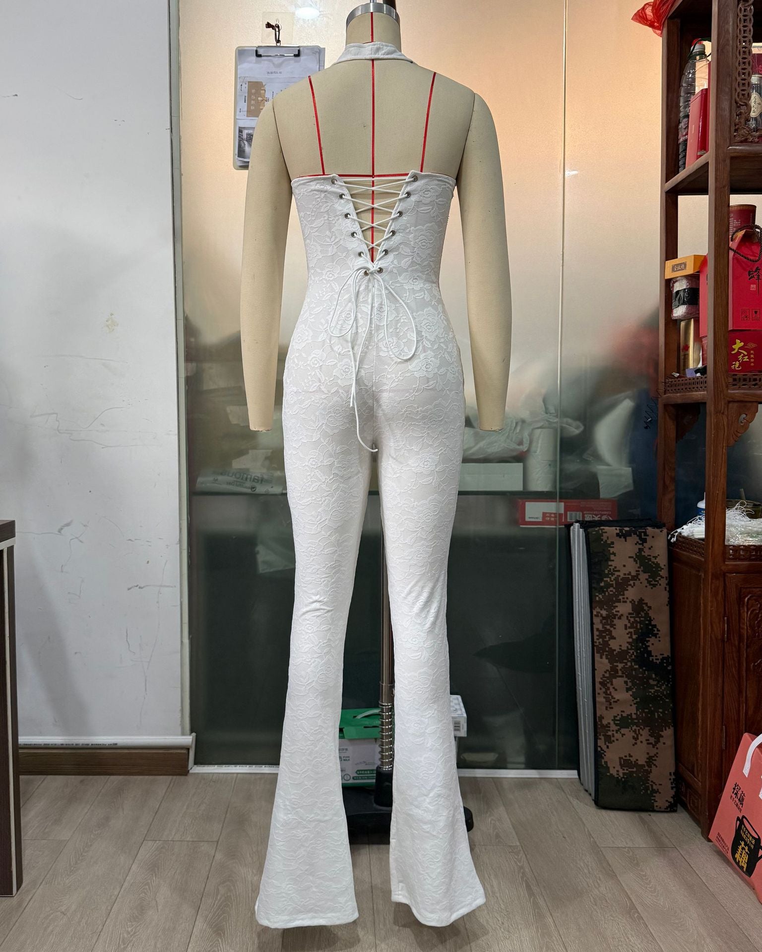 Sexy See-Through Lace Halter Lace-Up Slim-Fit Flare leg Jumpsuit 8