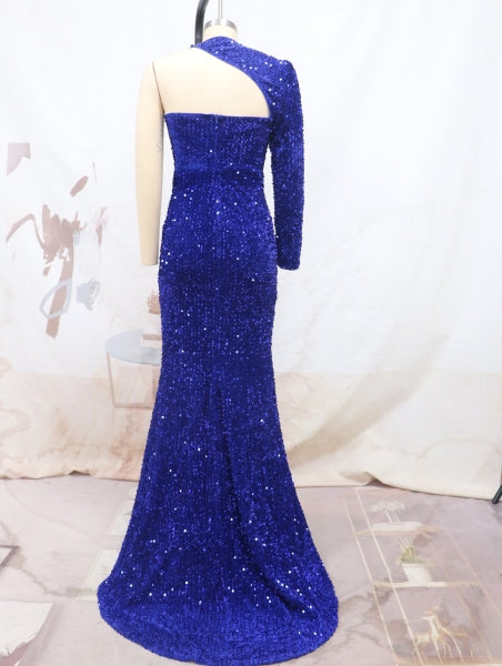 Women One Shoulder Sleeve Bodycon Slit Sequin Formal Party Evening Dress 8