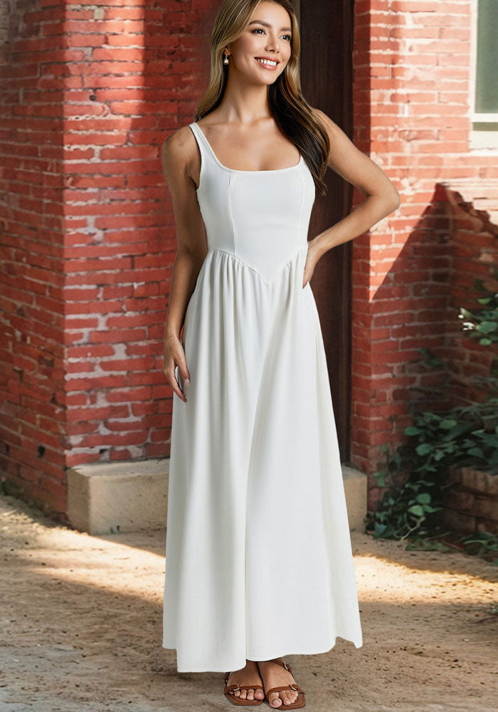 Chic Slim Waist sleeveless women's solid color long dress