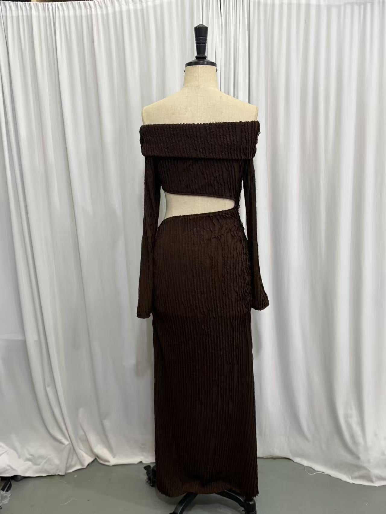 Long Sleeve Waist Cut-Out Off Shoulder High Slit Textured Dress 10