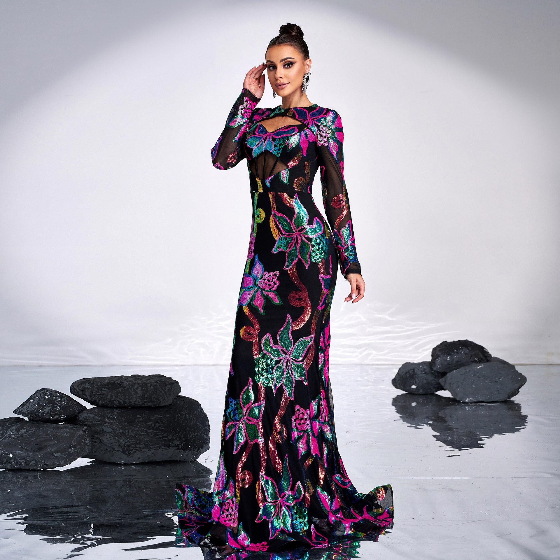 Women long-sleeved Round Neck sexy hollow sequin Formal Party Maxi fishtail evening dress 5