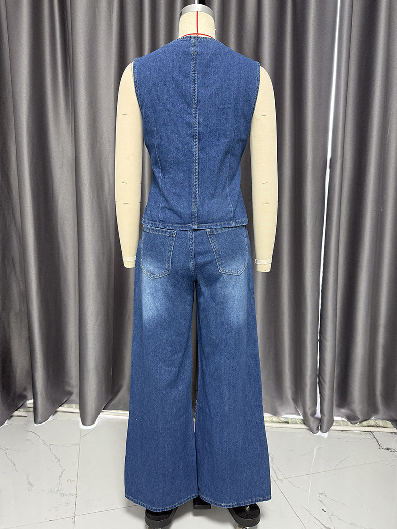 Women Spring Summer Sleeveless Vest Wide Leg Denim two-piece set 9