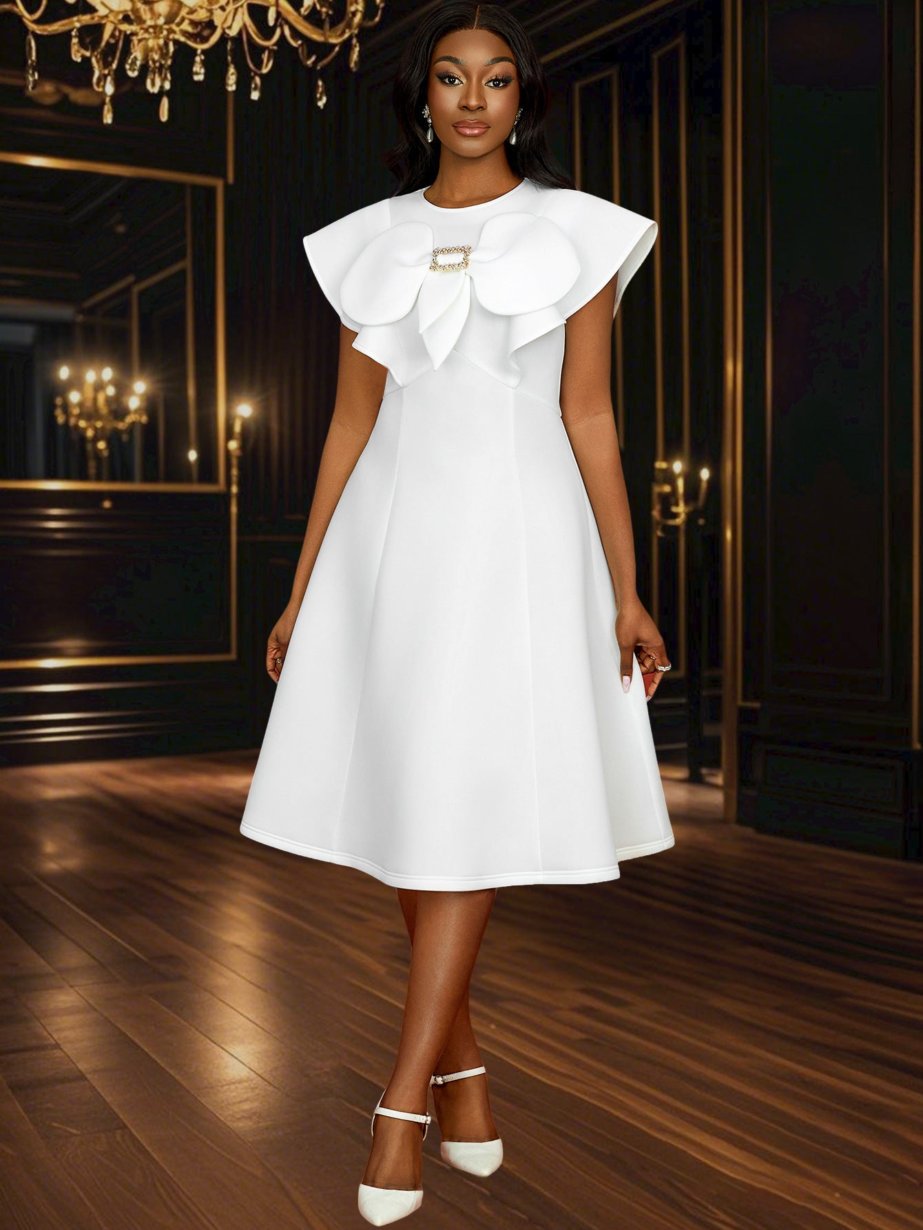 Women Summer Round Neck Bow Cape Sleeve Dress 10