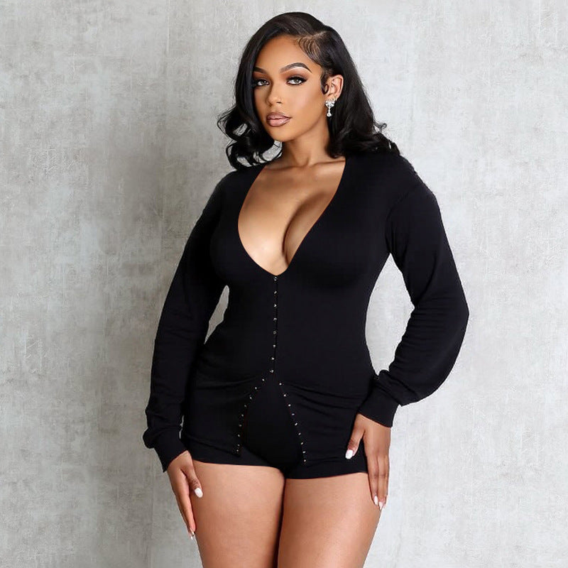 Women's Autumn Winter Round Neck Buttons Slim Waist Long Sleeve Top Shorts Set 8