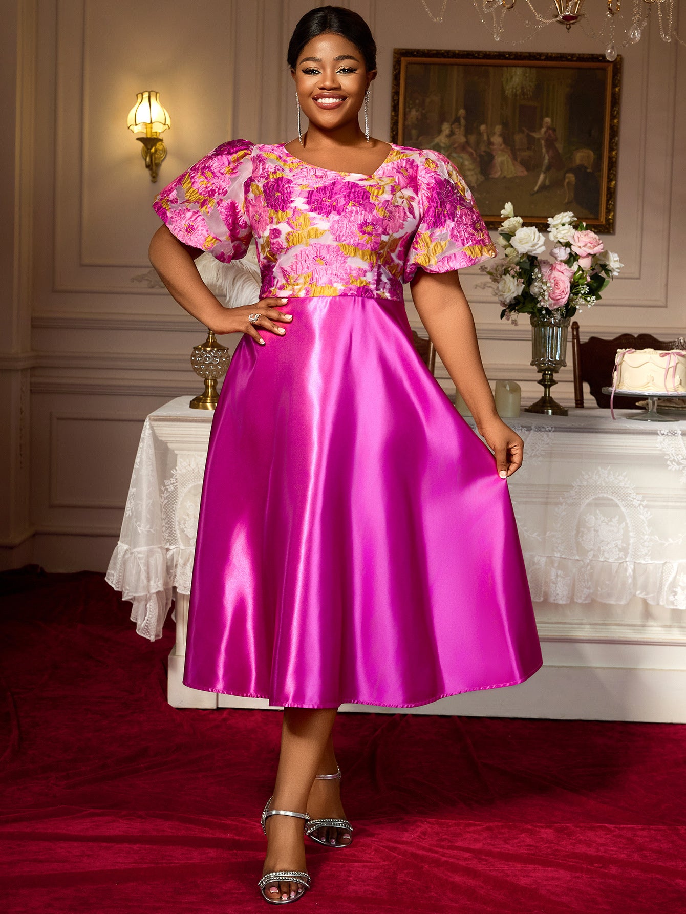 Plus Size Women's Floral Jacquard Satin Patchwork Midi Dress Slash Shoulder Puff Sleeve Formal Gown 3