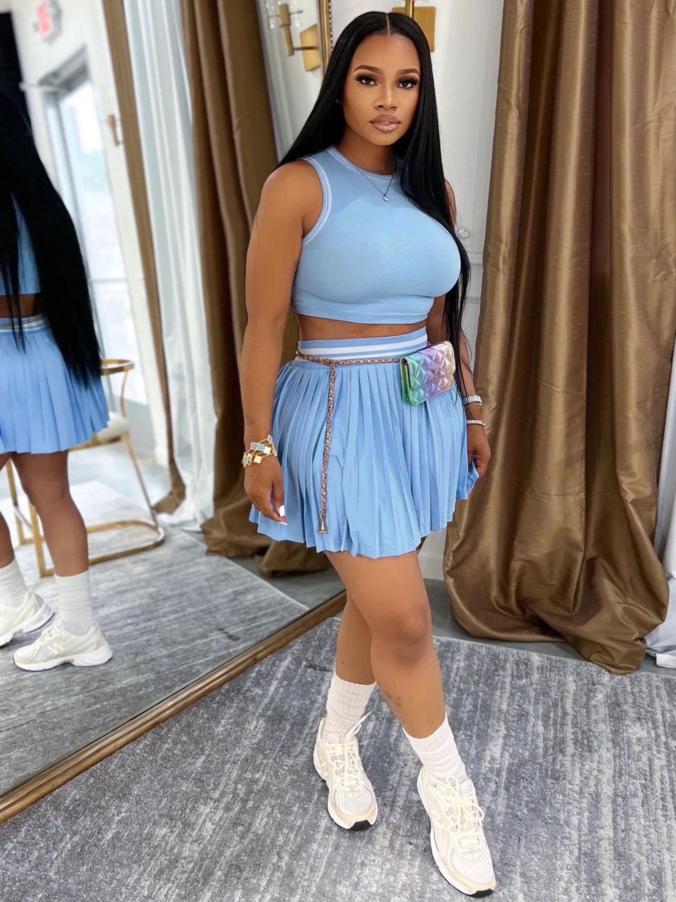 Women Sleeveless Crop Top Pleated Skirt Sports Two-piece Set 5