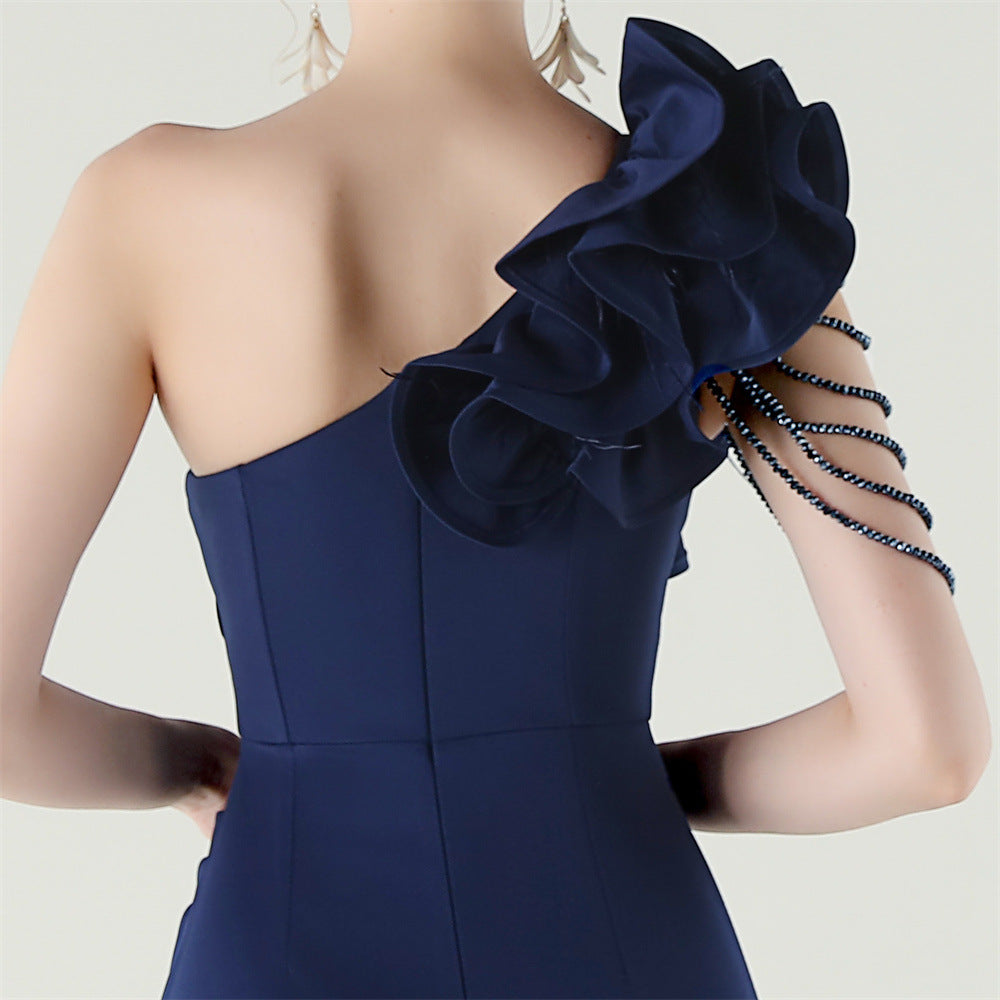 Women One-Shoulder Beaded Wool and Floral Satin Slit Sexy Evening Dress 68