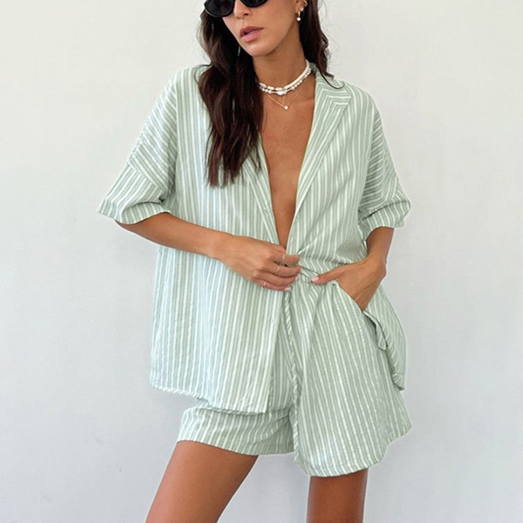 Stand Collar Short Sleeve Striped Shirt Loose Shorts Comfortable Casual Two-Piece Set 4
