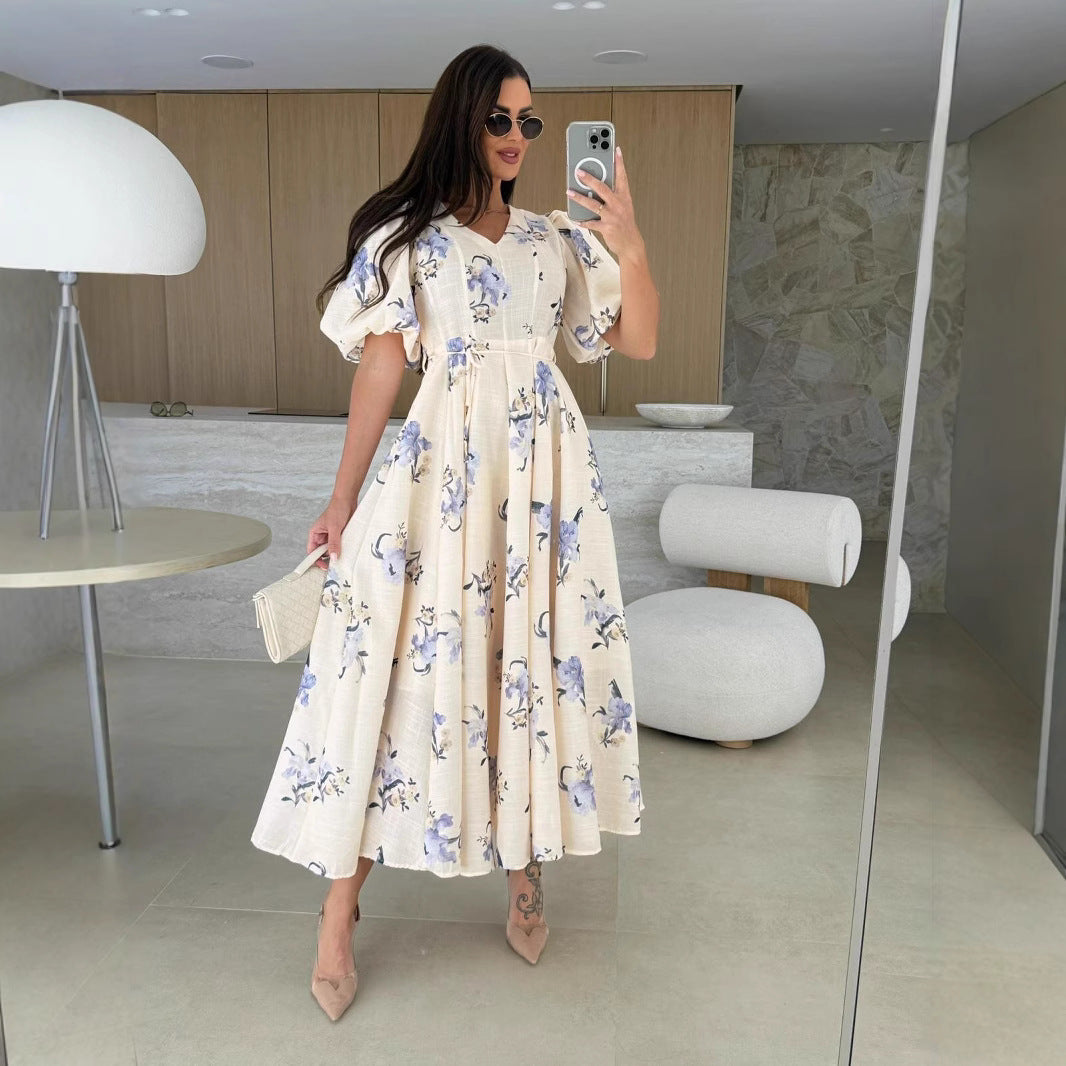 Women's Short-Sleeve Floral Print Belt Casual A-line Dress 5