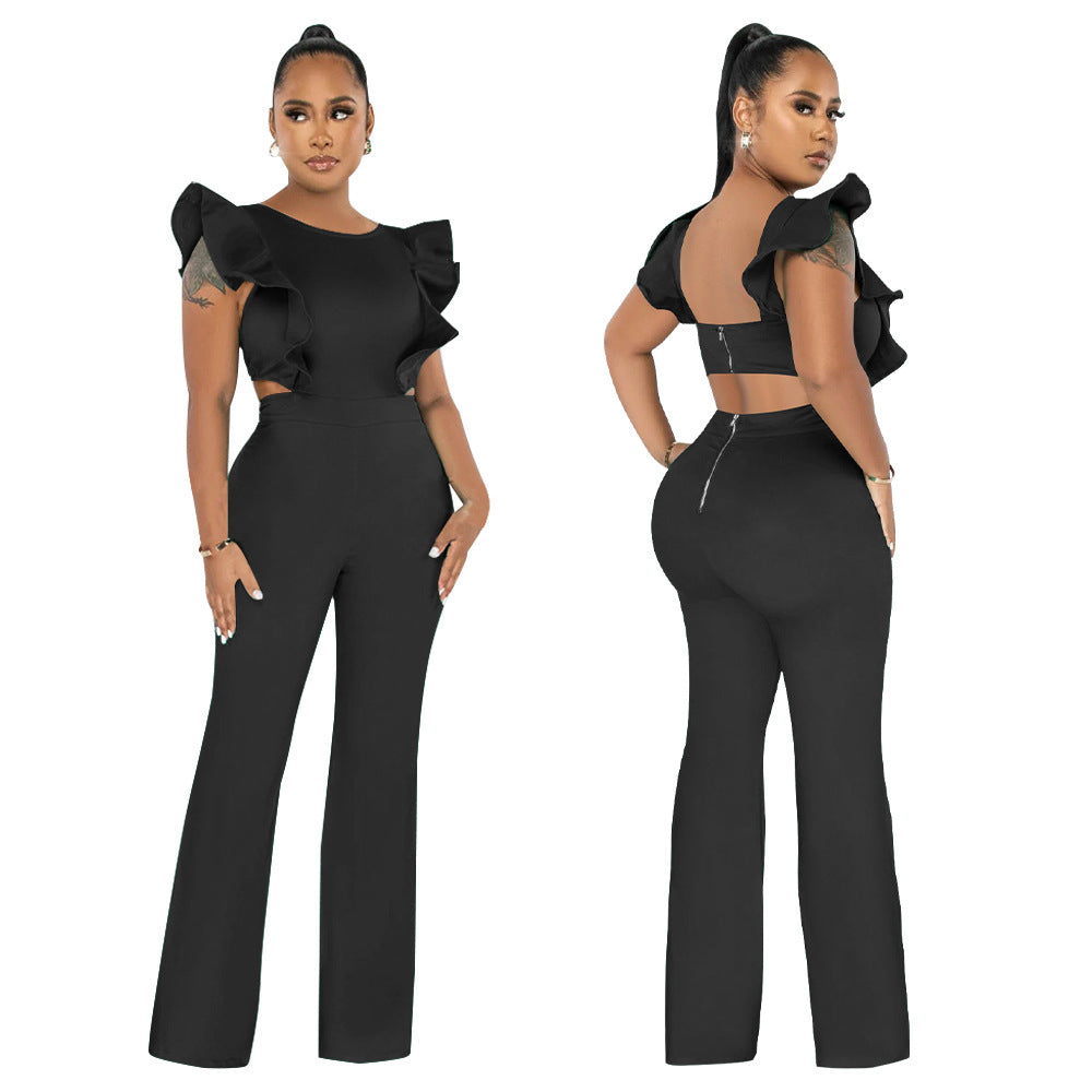 Women Summer Ruffle Round Neck Solid Jumpsuit 3