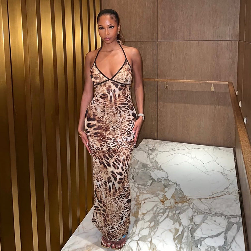 Women Spring Summer Sexy Leopard Print Halter Neck Sleeveless Lace-Up Backless Dress