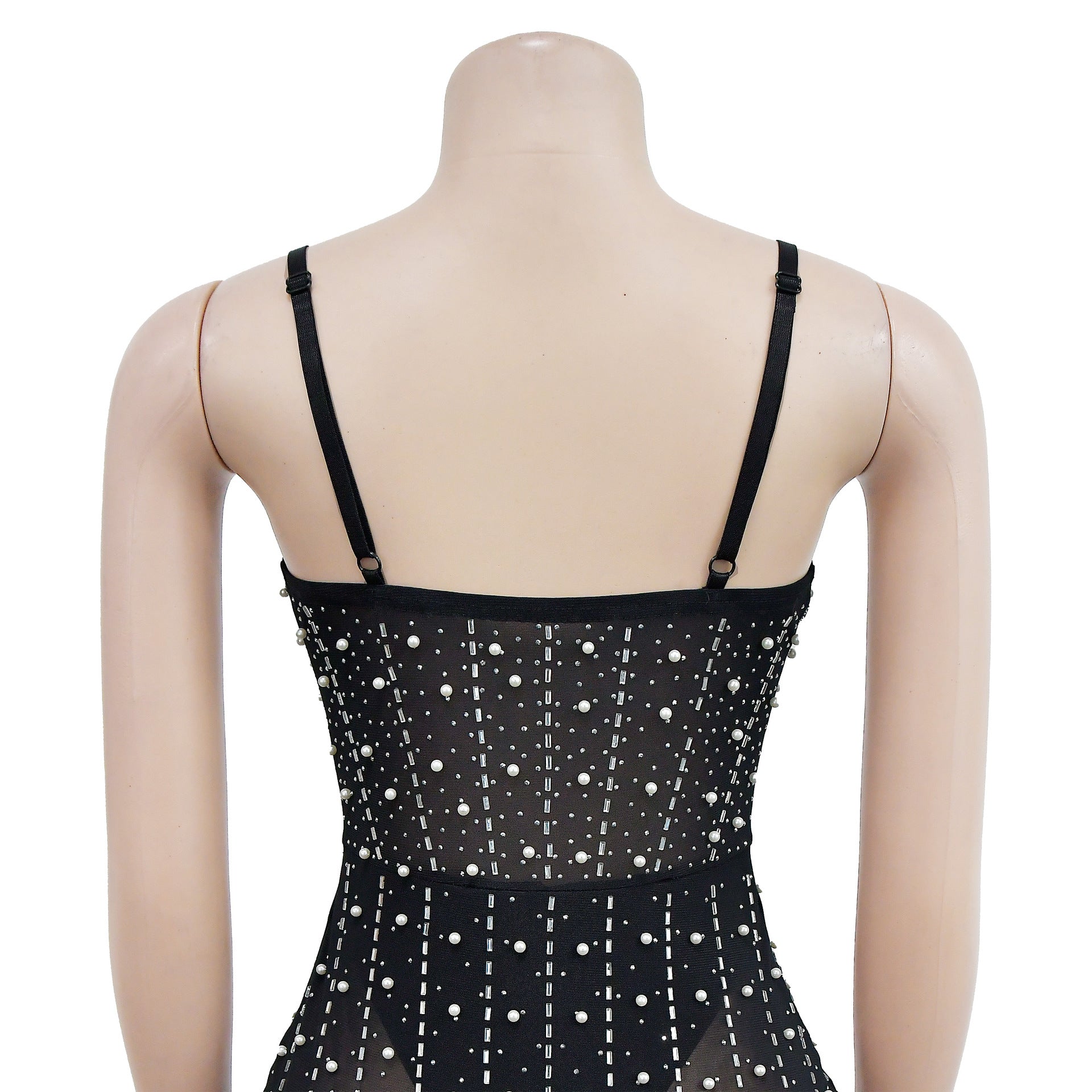 Women Solid Beaded Mesh Sleeveless Dress 17