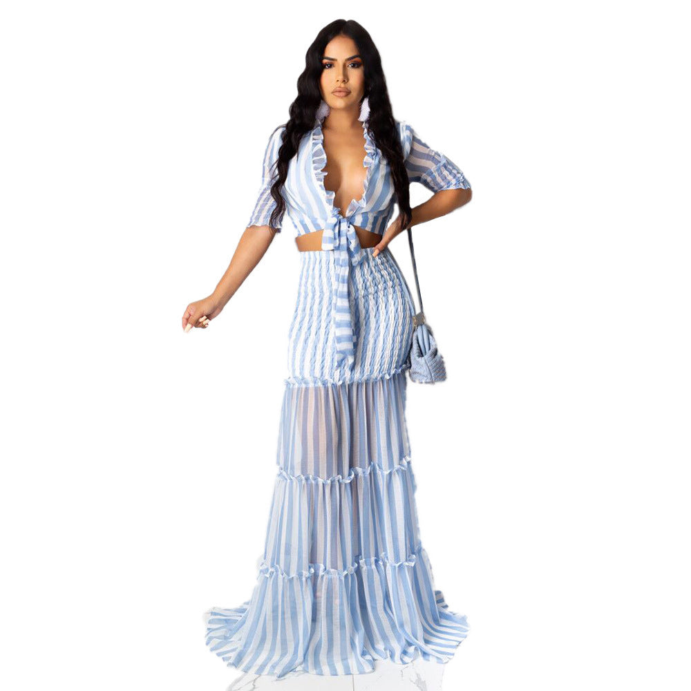 Women striped chiffon print Top and Skirt two-piece set 11