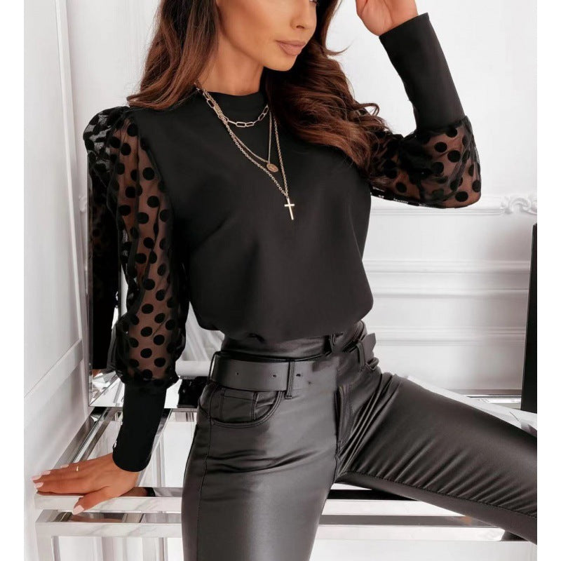 Spring Polka Dot Printed Mesh Long Sleeve Casual Round Neck Pullover Shirt 6