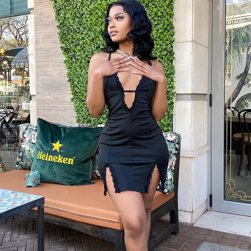 Women's suspenders hollowed out street hipster lace Patchwork slit Bodycon Dress
