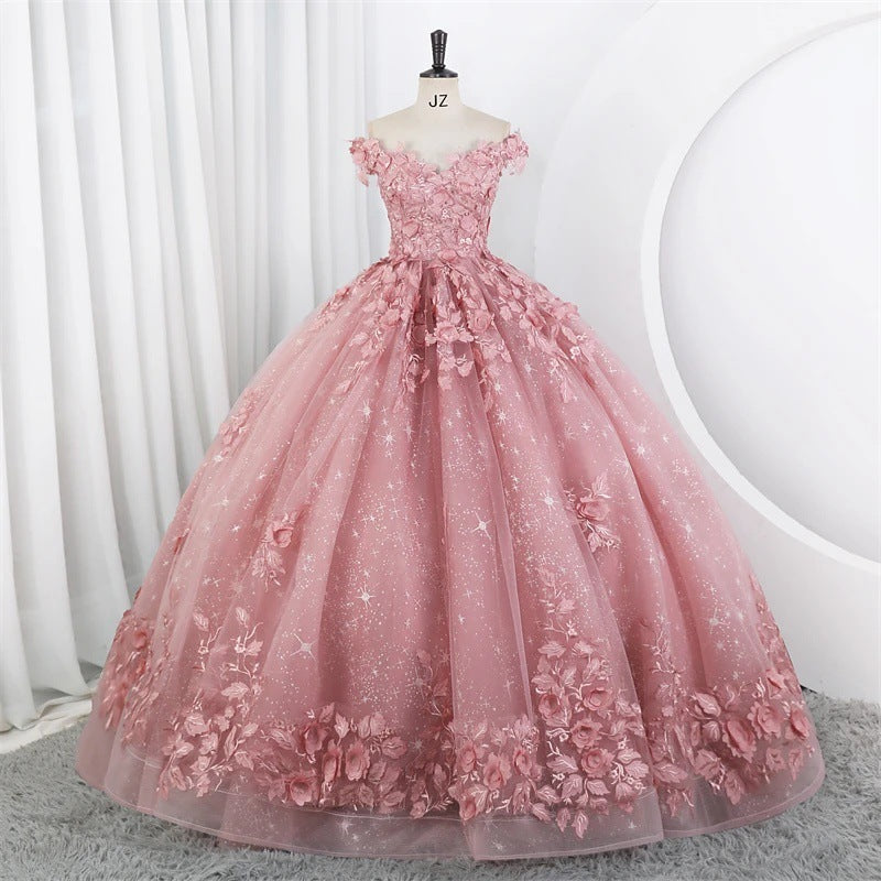 Women Puffy Tulle Embroidered Off-Shoulder Performance Costume Ball Gown 3