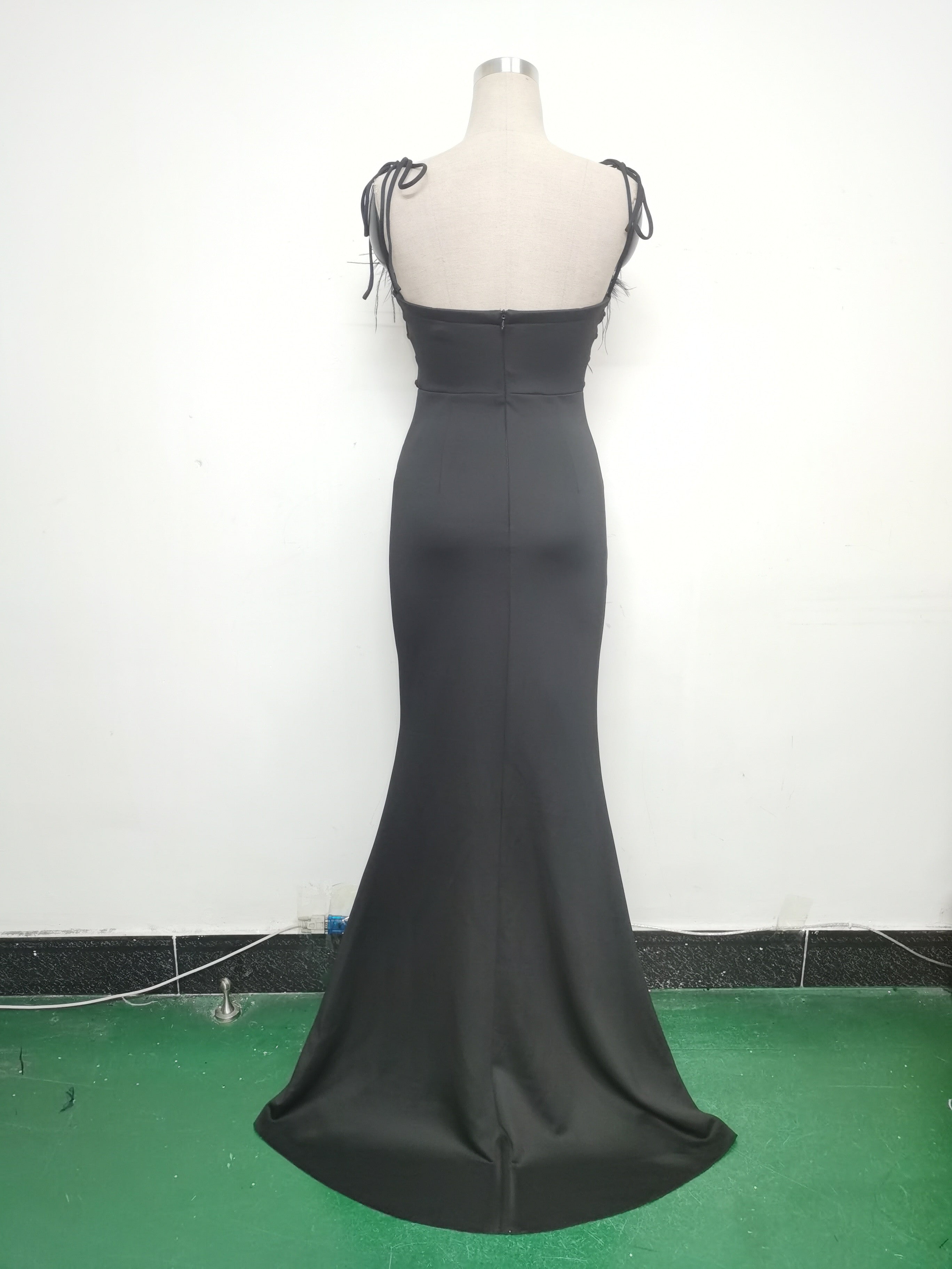 Feather Strap Slim Waist Solid Color Slit Evening Dress 23