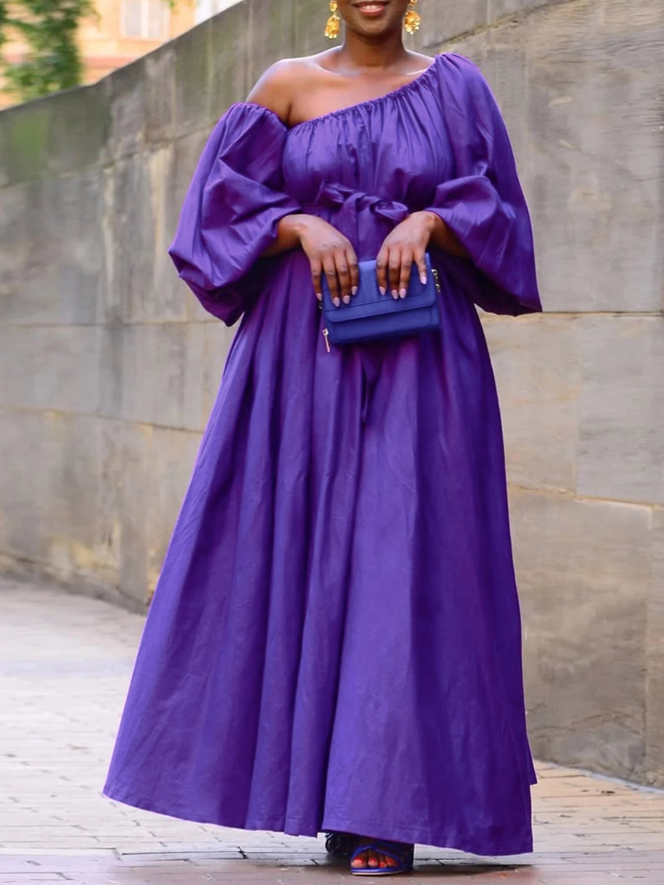 Plus-Size Women Solid Elegant Slash Shoulder Sexy Half-Sleeve Maxi Dress