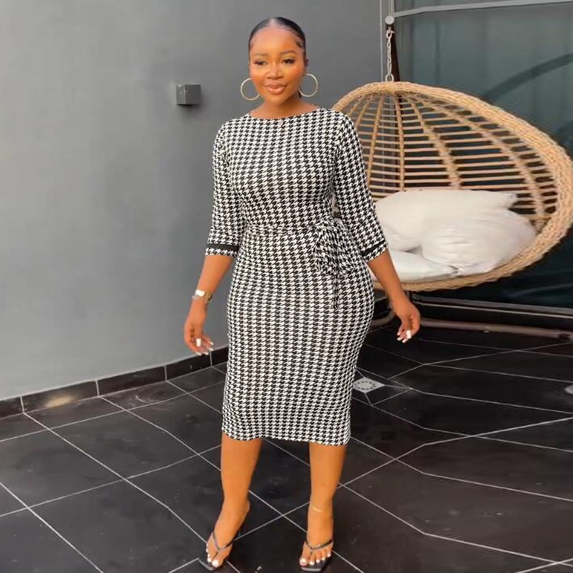 Women Sexy Printed Elastic Black and White Plaid Bodycon Dress 5