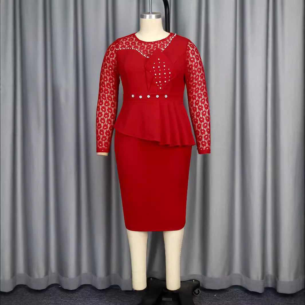 Lace Patchwork Round Neck Long Sleeve Bodycon Chic Beaded Formal Party Dress 3