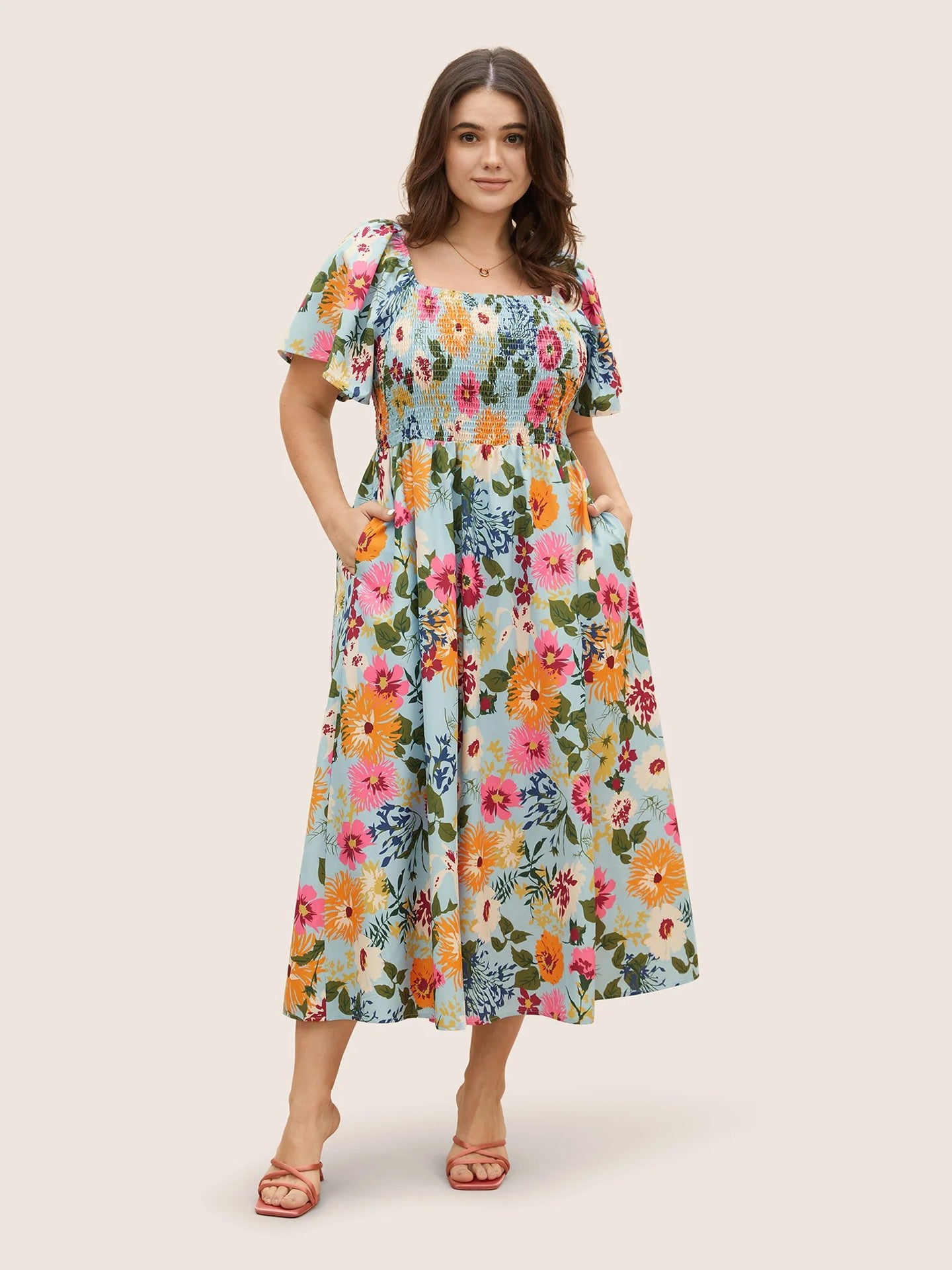 Plus Size Women Summer Square Neck Printed Maxi Dress 4