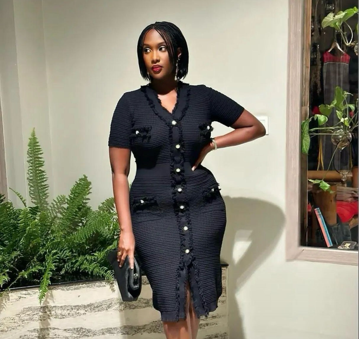 Summer Women's Buttoned Short-Sleeved V-Neck Slim Waist Slim Knitting Dress