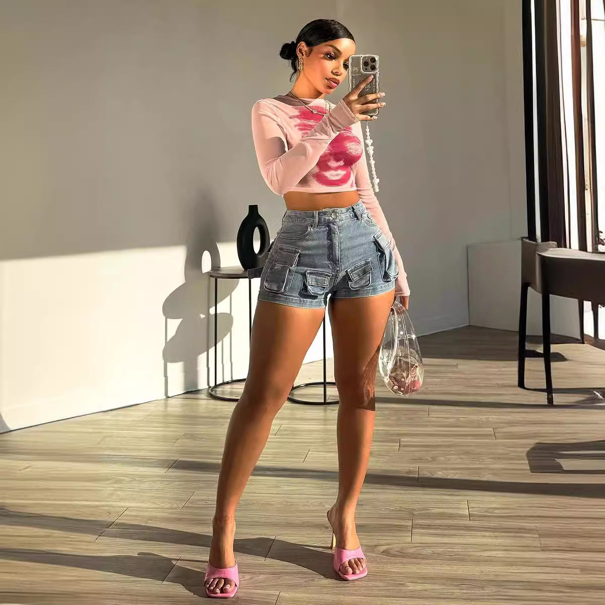 Women Cargo Stretch Denim Shorts 4