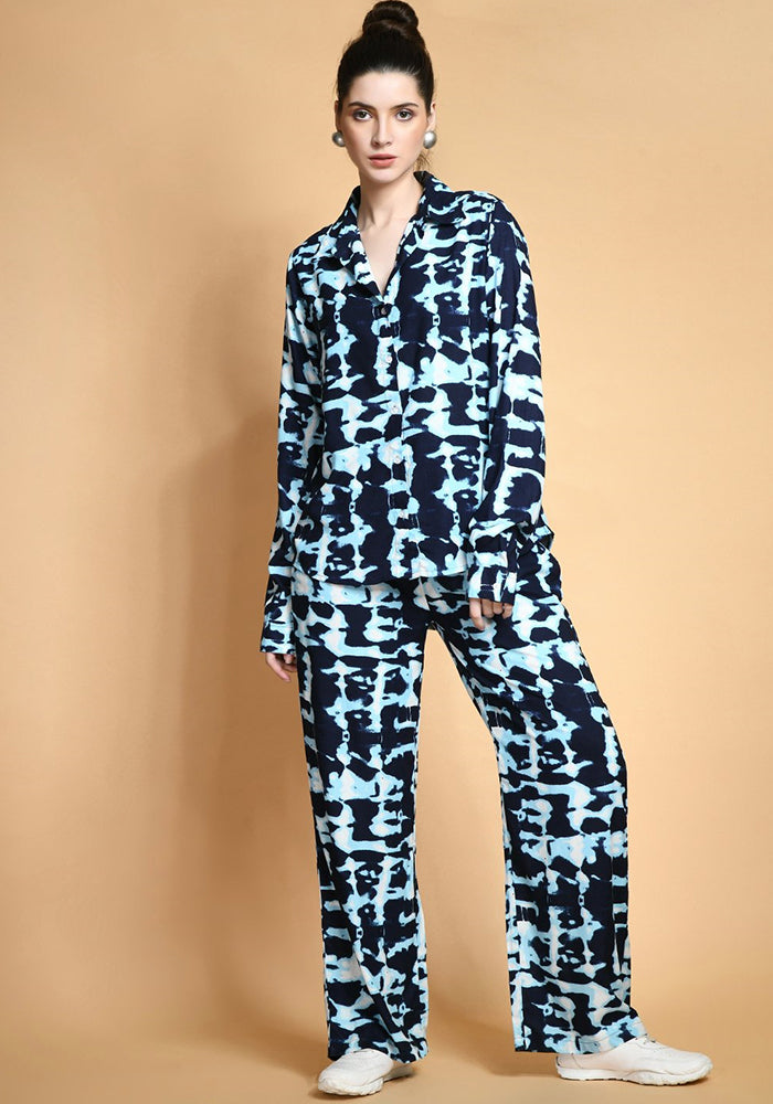 Women Tie Dye Printed Long Sleeve Shirt and Pant Two Piece Set