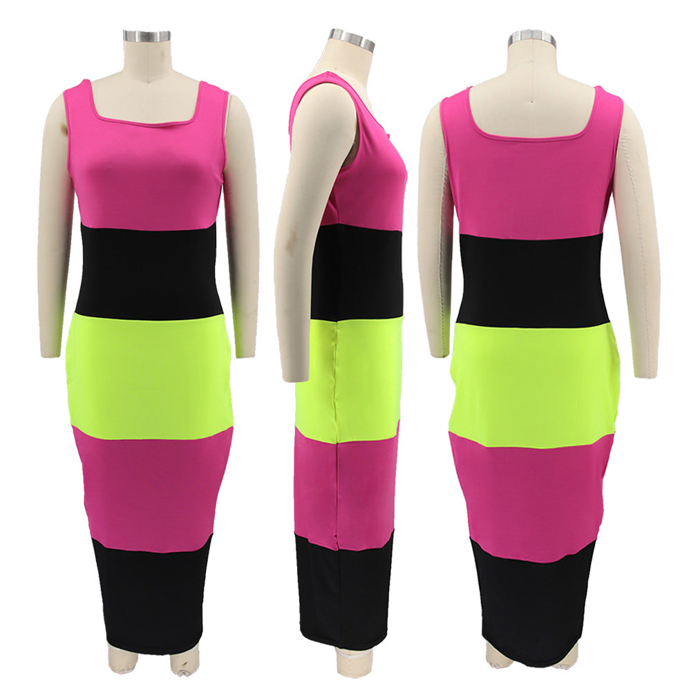 Multicolor Patchwork Plus Size U Neck Strappy Women's Sleeveless Long Dress 5