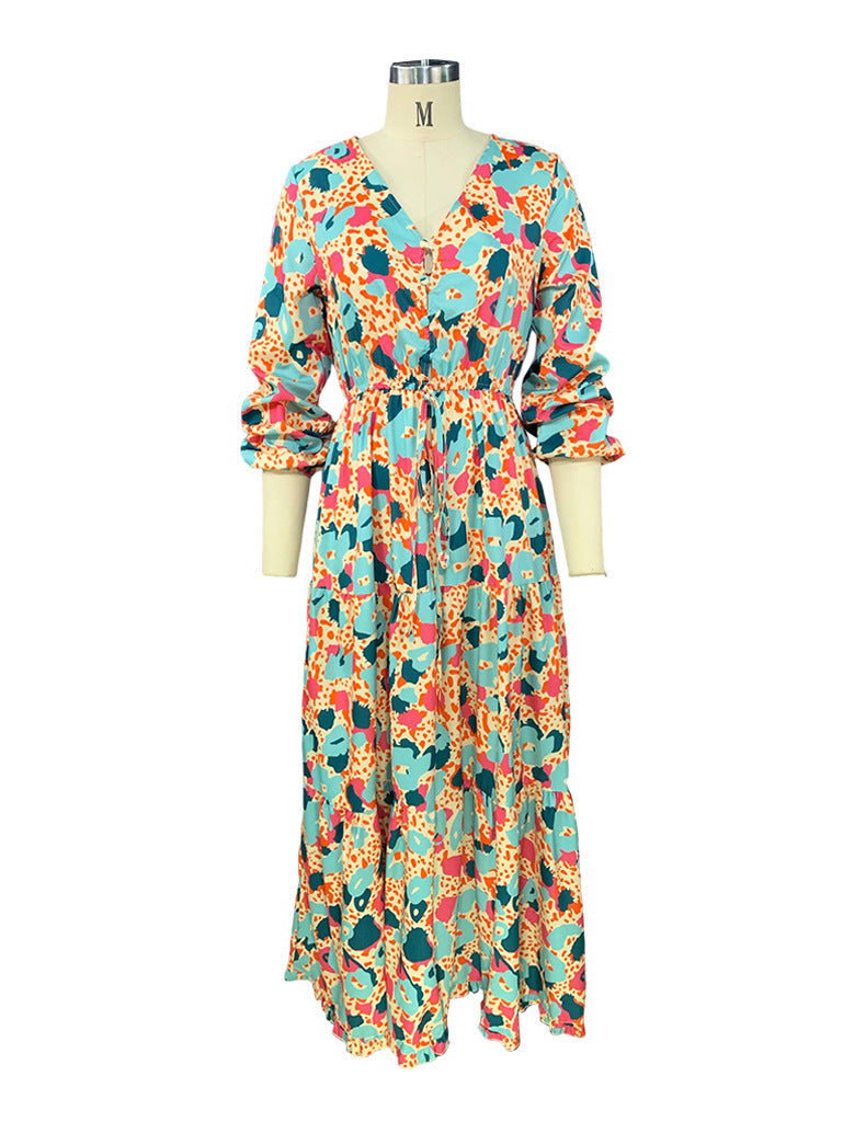 Fall Women V-Neck Long Sleeve Printed Loose Maxi Dress 8