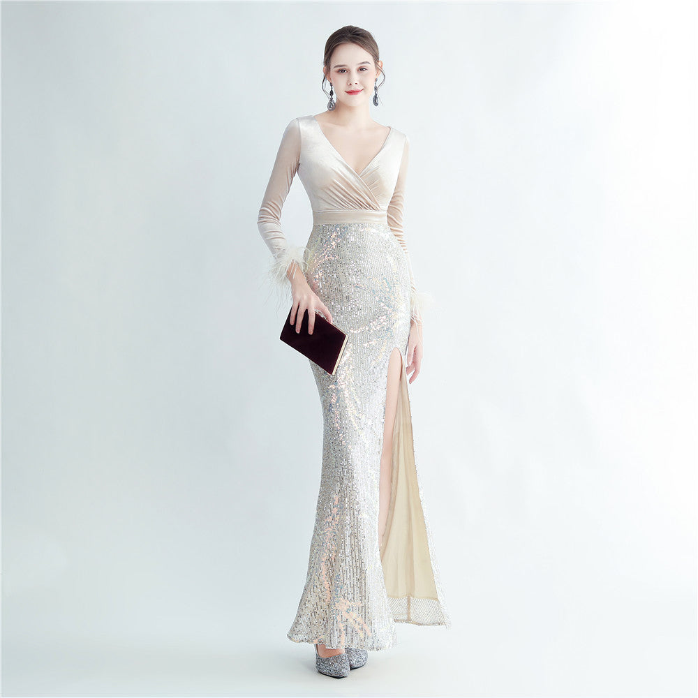 feather sequin velvet side slit long-sleeved evening dress 7