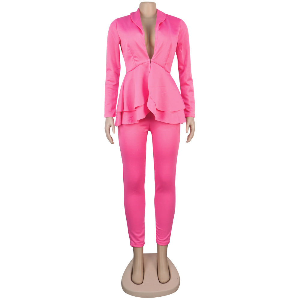 Sexy Women's Solid Color V-Neck Two-Piece Pants Set 28