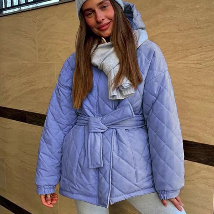 Women's Winter Clothes Slim Fit Lace-Up Turndown Collar Long Sleeve Long Style Hooded Cotton-Padded Jacket 9