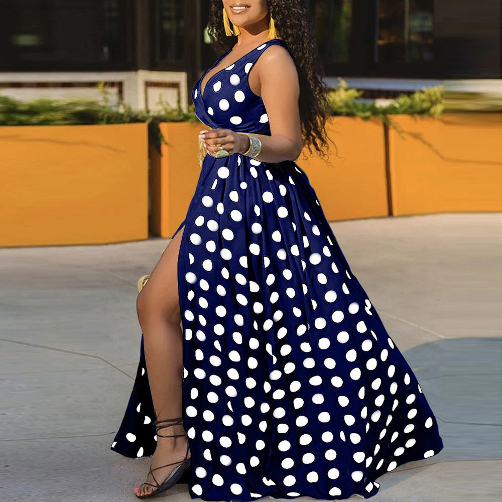 Women's Spring Summer Fashion Blue White Polka Dot V-Neck Slit Plus Size Maxi Dress 3