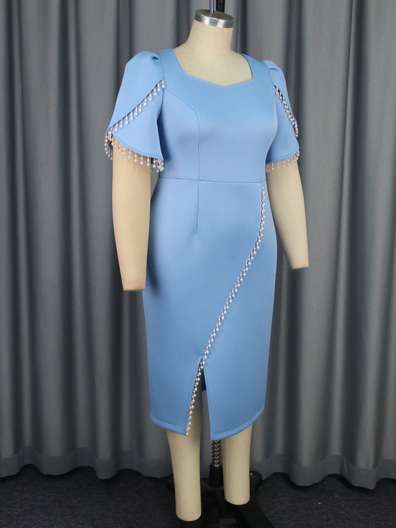 Plus Size Women Elegant Square Neck Pearl Slit Dress 6