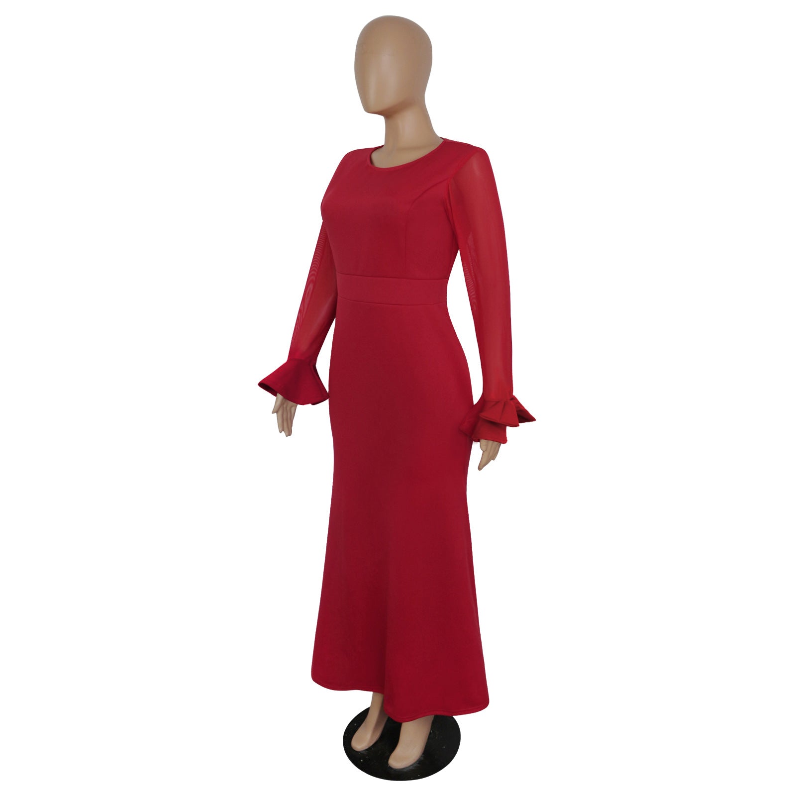 Women's Round Neck Long Sleeve Mesh Patchwork Maxi Dress Solid Plus Size Dress 22