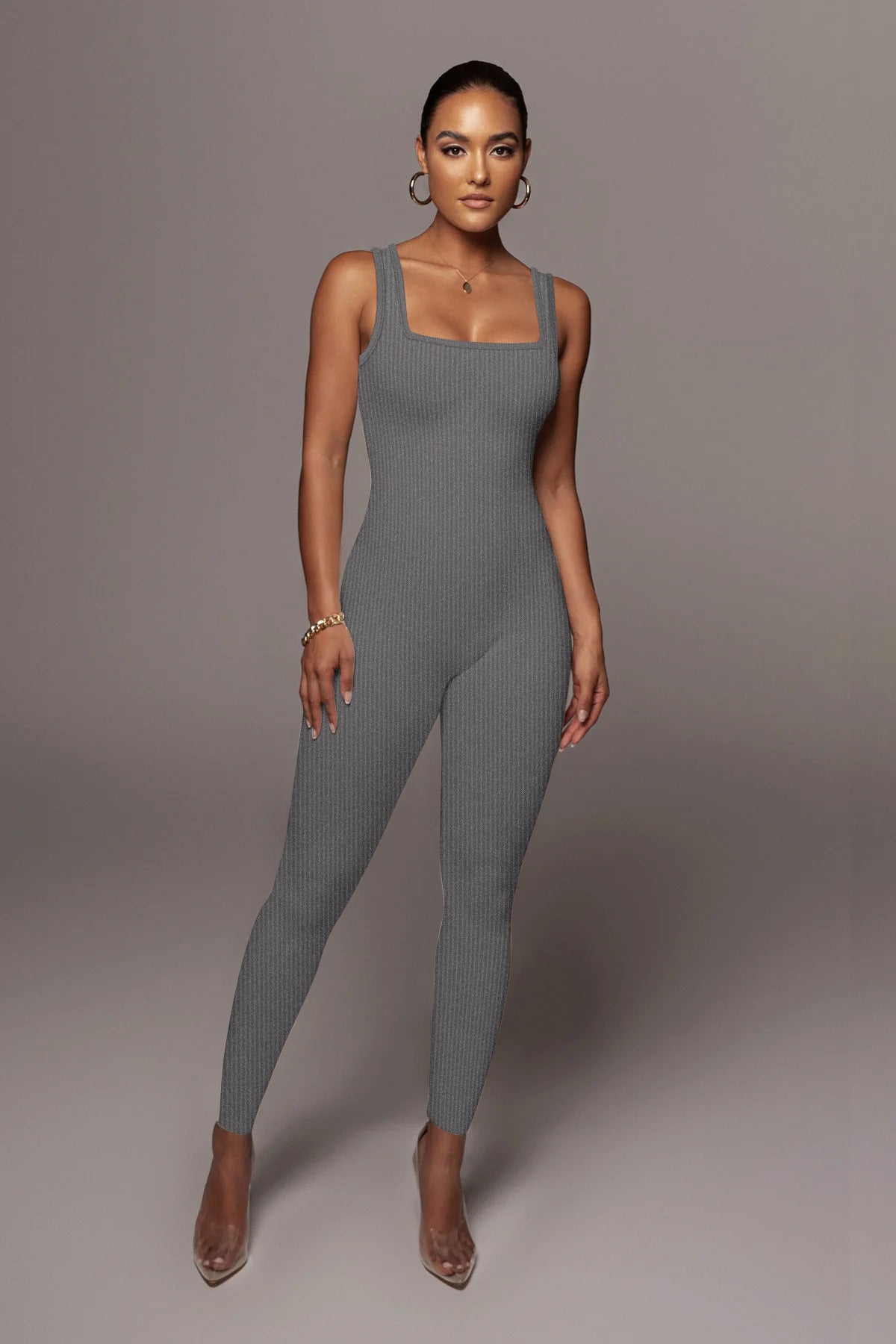 Women'S Solid Color Sleeveless Ribbed Square Neck Low Back Butt Lift Slim Fit Jumpsuit 5